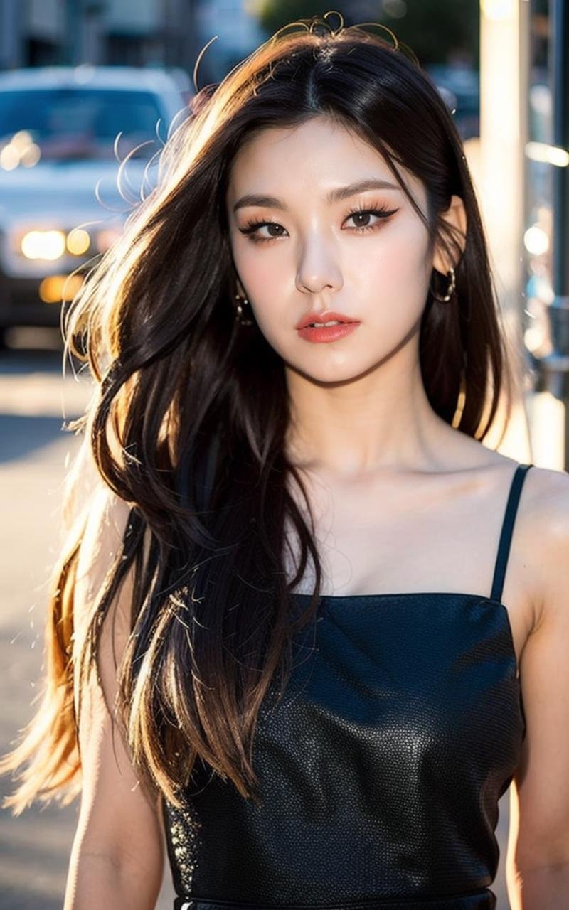 <lora:Yeji_V2:1> Y€j!,, (realistic), (hyperrealism), (photorealistic:1.4), 1girl, looking at the viewer, eye makeup, detailed eyes, detailed face, (upper body:1.2), detailed background, black dress, walking at the streets, sunset, (windy:1.2)