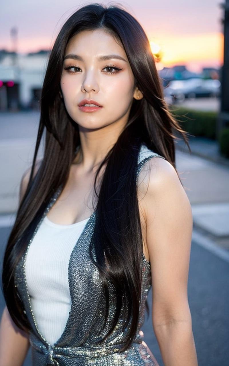 <lora:Yeji_V2:1> Y€j!,, (realistic), (hyperrealism), (photorealistic:1.4), 1girl, looking at the viewer, eye makeup, detailed eyes, detailed face, (upper body:1.2), detailed background, black dress, walking at the streets, sunset, (windy:1.2)