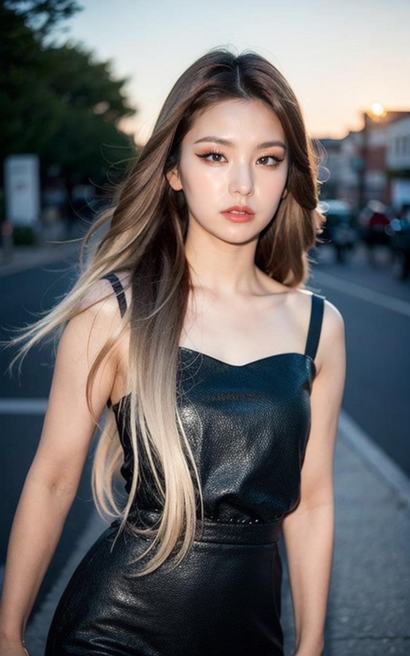 <lora:Yeji_V2:1> Y€j!,, (realistic), (hyperrealism), (photorealistic:1.4), 1girl, looking at the viewer, eye makeup, detailed eyes, detailed face, (Full body:1.2), detailed background, black dress, walking at the streets, sunset, (windy:1.2)