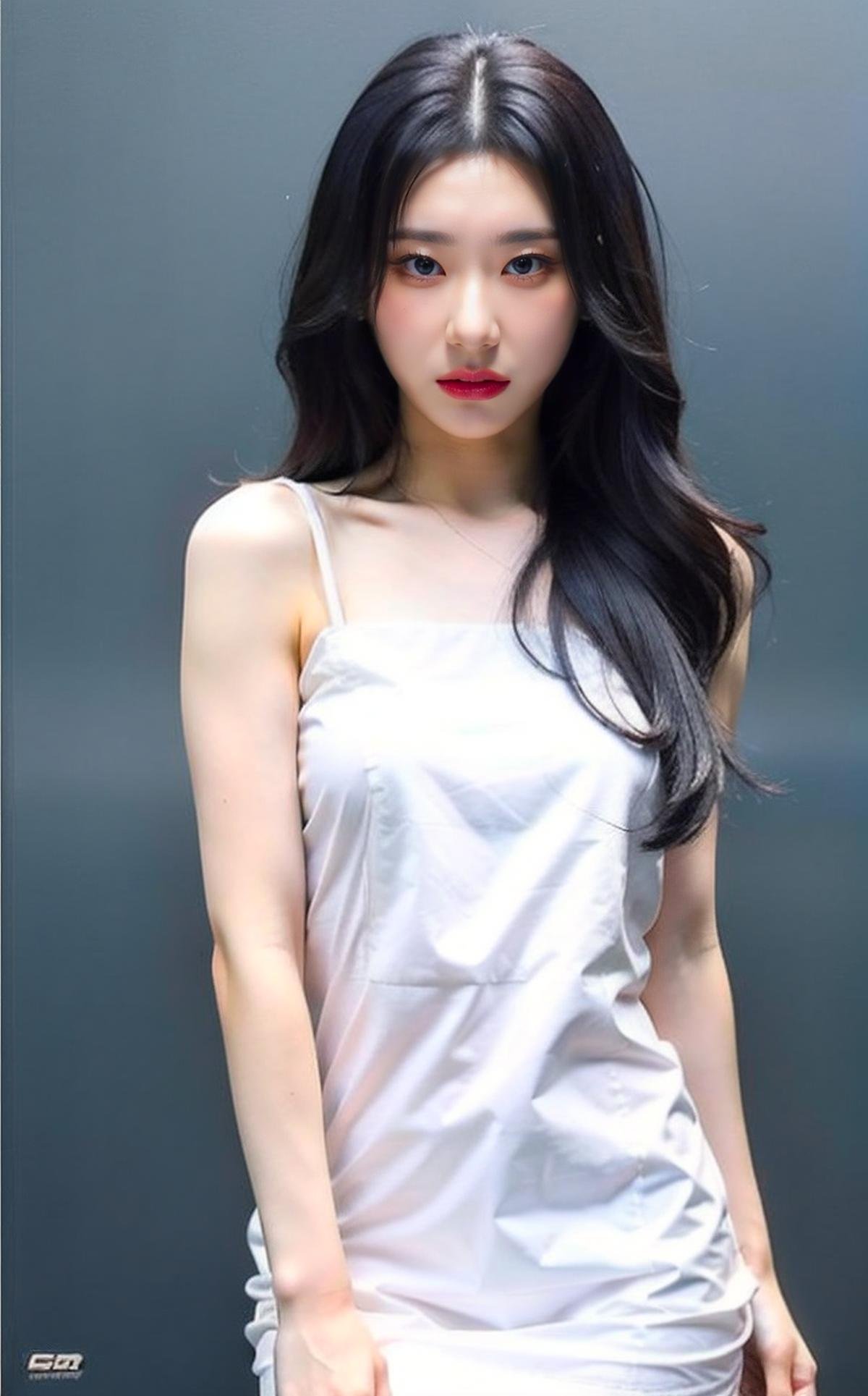 <lora:Chaeryoung_V1:1>,, Best quality, masterpiece, ultra high res, (photorealistic:1.4), raw photo,1girl, solo, realistic, (looking at viewer:1.2), upper body,simple gray background, white dress, long hair 