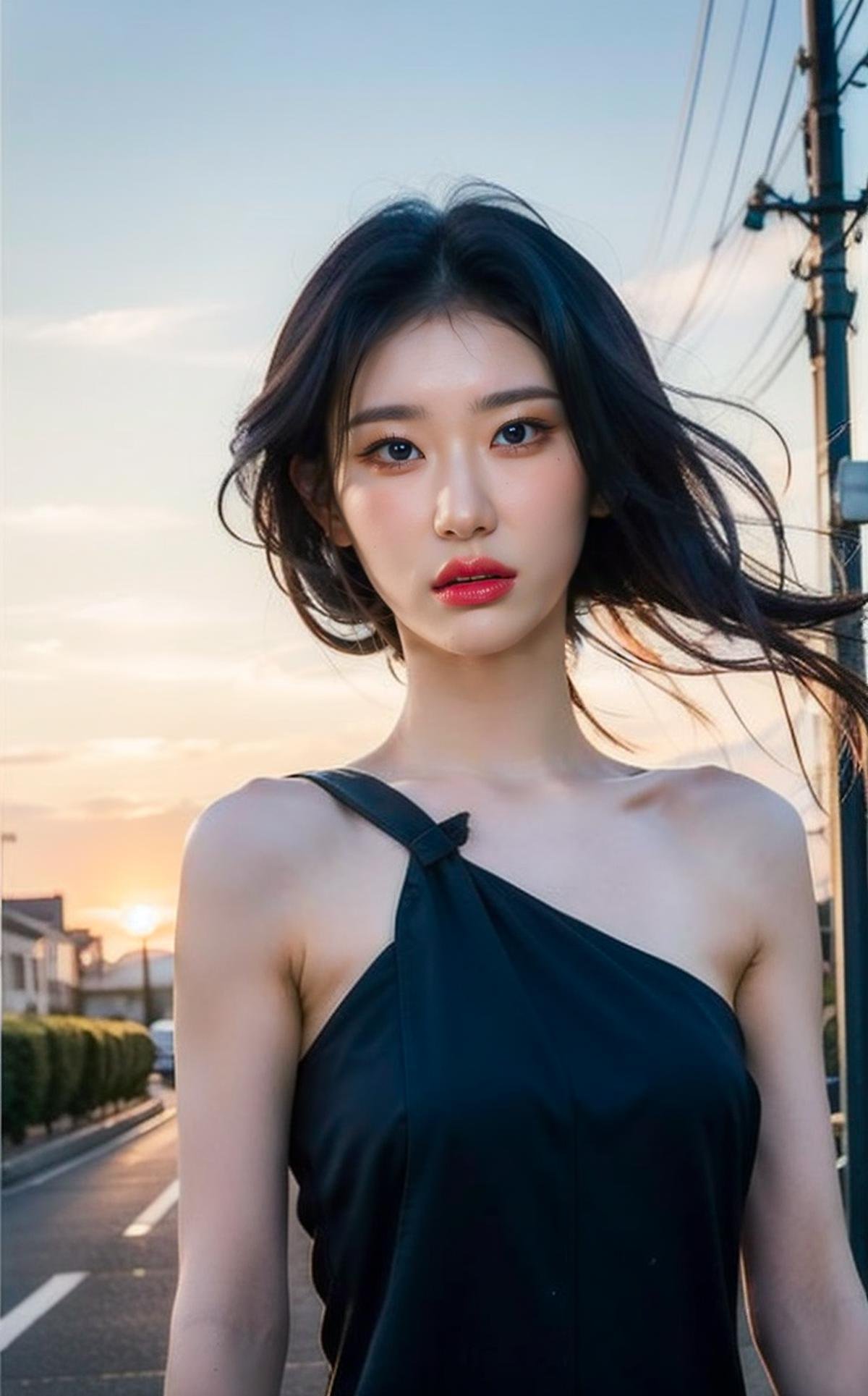 <lora:Chaeryoung_V1:1>,, (realistic), (hyperrealism), (photorealistic:1.4), 1girl, looking at the viewer, eye makeup, detailed eyes, detailed face, (upper body:1.2), detailed background, black dress, walking at the streets, sunset, (windy:1.2)