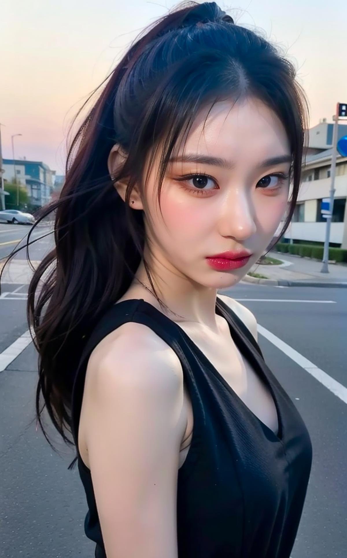 <lora:Chaeryoung_V1:1>,, (realistic), (hyperrealism), (photorealistic:1.4), 1girl, looking at the viewer, eye makeup, detailed eyes, detailed face, (upper body:1.2), detailed background, black dress, walking at the streets, sunset, (windy:1.2)