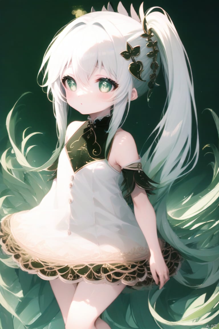 score_4, score_3, score_2, score_1,(masterpiece),(best quality),illustration,ultra detailed,hdr,loli,1girl,hair rings, solo,petite, long hair, very long hair, absurdly long hair, barefoot, looking at viewer, symbol-shaped pupils, white hair, dress, bangs, green eyes, full body, breasts,cross-shaped pupils, hair ornament, white hair, green hair, gradient hair, white dress, nahida (genshin impact)