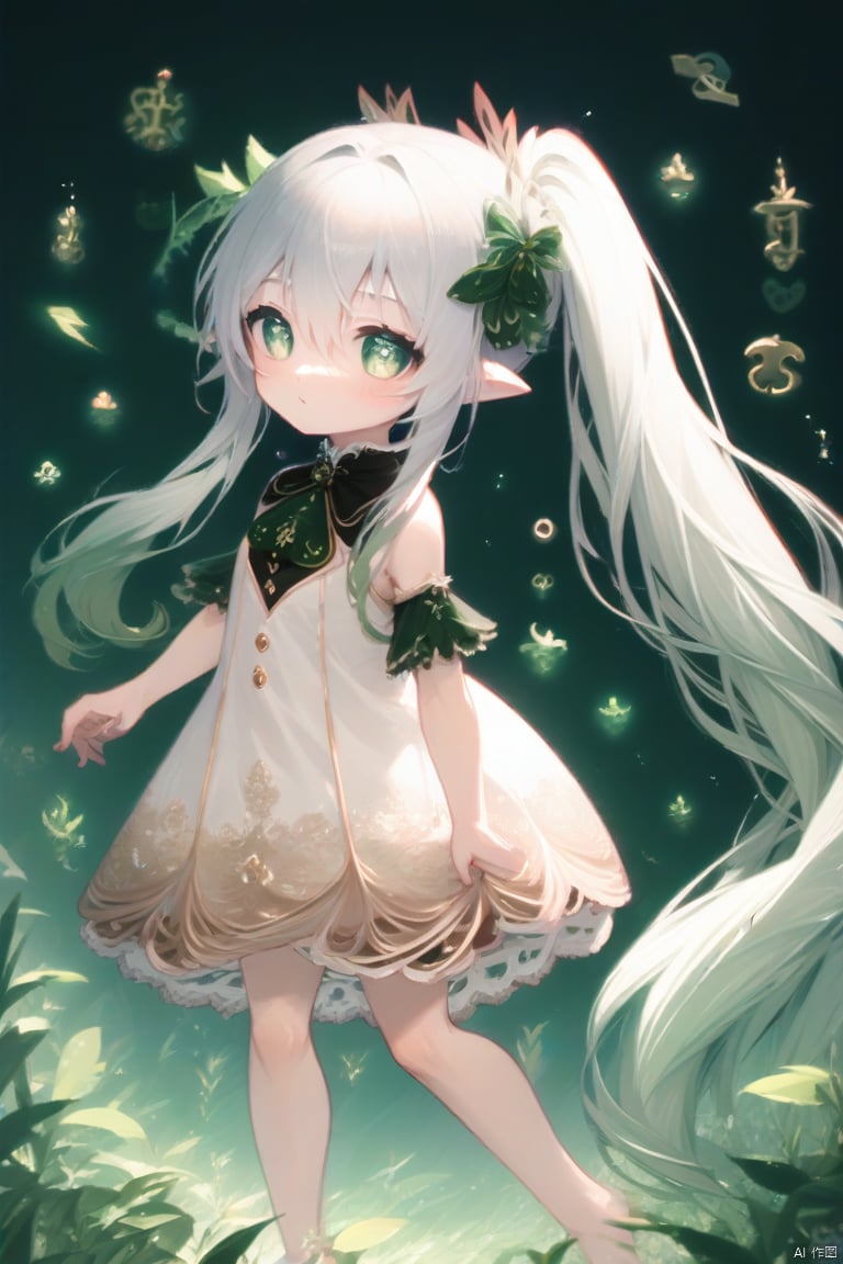 score_4, score_3, score_2, score_1,(masterpiece),(best quality),illustration,ultra detailed,hdr,loli,1girl,hair rings, solo,petite, long hair, very long hair, absurdly long hair, barefoot, looking at viewer, symbol-shaped pupils, white hair, dress, bangs, green eyes, full body, breasts,cross-shaped pupils, hair ornament, white hair, green hair, gradient hair, white dress, nahida (genshin impact)