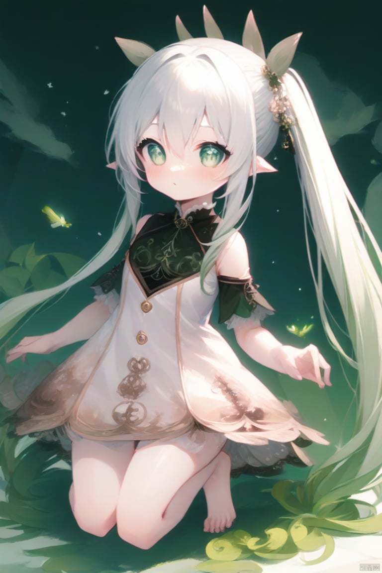 score_4, score_3, score_2, score_1,(masterpiece),(best quality),illustration,ultra detailed,hdr,loli,1girl,hair rings, solo,petite, long hair, very long hair, absurdly long hair, barefoot, looking at viewer, symbol-shaped pupils, white hair, dress, bangs, green eyes, full body, breasts,cross-shaped pupils, hair ornament, white hair, green hair, gradient hair, white dress, nahida (genshin impact)