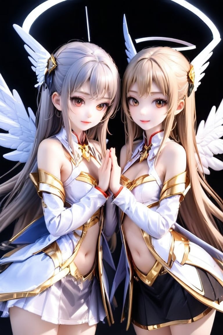 score_9_up, score_8_up,score_7_up,Anime style,RPG_Background,angel_wings,2_girls, clasped_hands,Beautiful girl, long hairstyle, masterpiece quality, light particles, looking at viewer, upper body, Anime Style., highly detailed, sharpness,pvc,3d