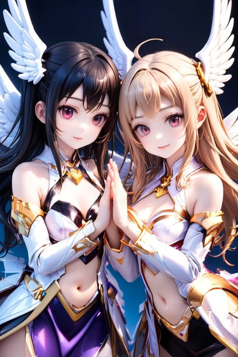 score_9_up, score_8_up,score_7_up,Anime style,RPG_Background,angel_wings,2_girls, clasped_hands,Beautiful girl, long hairstyle, masterpiece quality, light particles, looking at viewer, upper body, Anime Style., highly detailed, sharpness,pvc