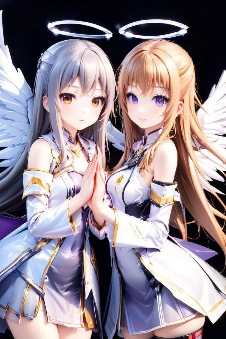 score_9_up, score_8_up,score_7_up,Anime style,RPG_Background,angel_wings,2_girls, clasped_hands,Beautiful girl, long hairstyle, masterpiece quality, light particles, looking at viewer, upper body, Anime Style., highly detailed, sharpness,