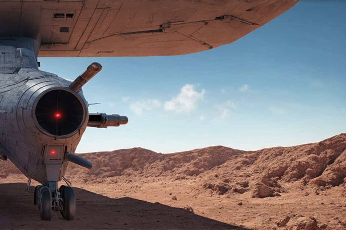 ((Ultra-realistic)) photo of a aircraft parked on a desert,landing bridge,jet engine on wing,two short wings,blunt head,cannons on head side,canopy on head top,red lights on head bottom,left side view,left side entrance door open,(jet engine built at wing tip:1.2),starship,star wars,(left side view:1.3)
BREAK
(backdrop of Detailed Realistic desertt,sky,cloud:1.2), depth of perspective,aircraft focus,(wide shot)
BREAK 
(sharp focus,high contrast,detailed,realistic,studio photo,trending on artstation,rule of thirds,perfect composition,cinematic lighting,masterpiece,
best quality,UHD,32K,HDR:1.3),
ek_raz0r_cre5t,ek_photo_booster