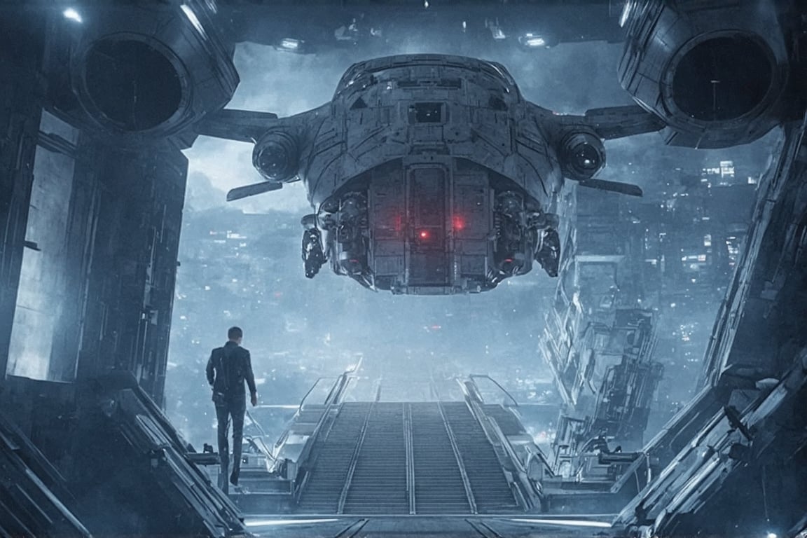 ((Ultra-realistic)) photo of a starship landed on a futuristic city building top,landing legs,jet engines on wings,two wings,blunt head,cannons on head side,canopy on head top,red lights on head bottom,left side view,left side entrance door open,door staircase open,person walking down the door staircase out of the starship,
BREAK
(backdrop of Detailed Realistic futuristic city view,building top landing spot,sky,cloud:1.2)depth of perspective,starship focus,(wide shot)
BREAK 
sharp focus,high contrast,detailed,realistic,studio photo,trending on artstation,rule of thirds,perfect composition,cinematic lighting,masterpiece,
best quality,UHD,32K,HDR,
ek_raz0r_cre5t,ek_car_b00ster,ek_real_b00ster