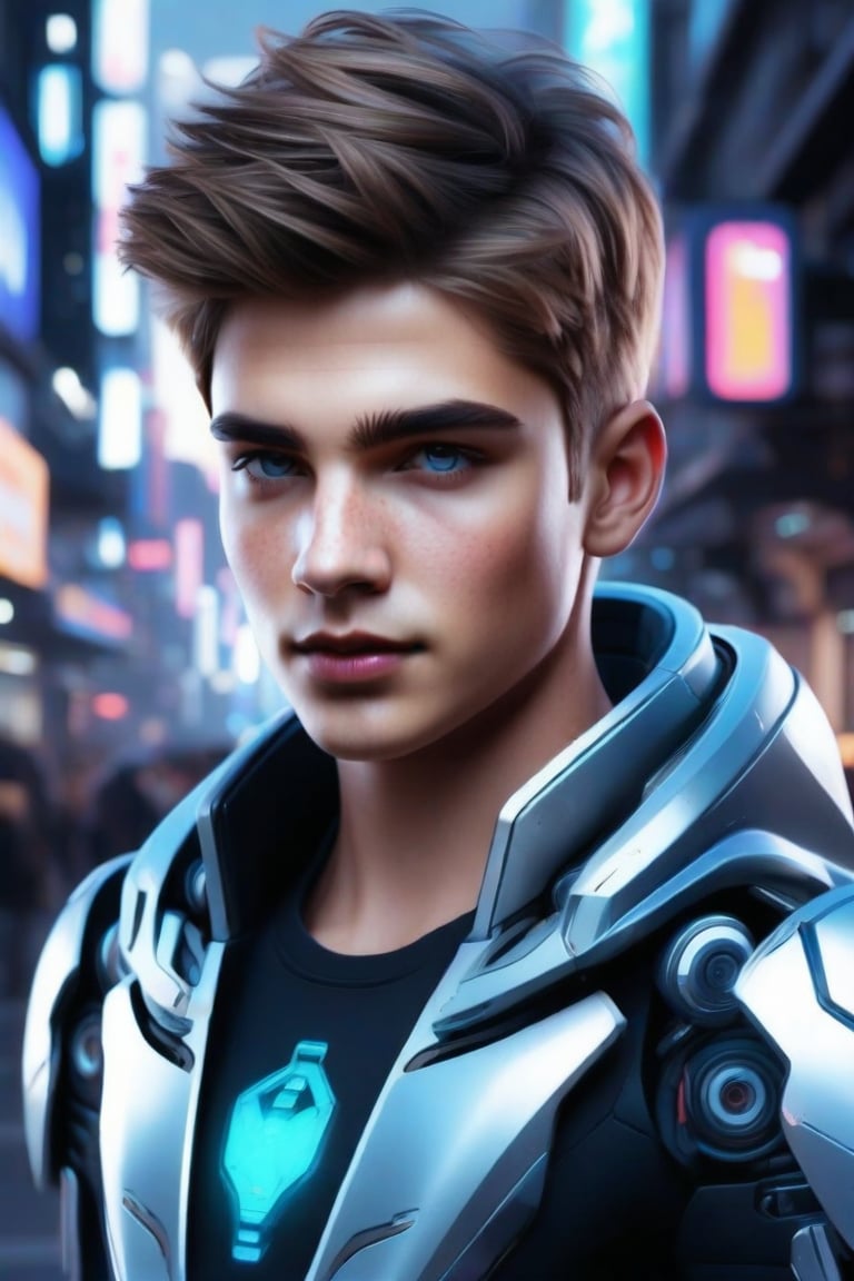 masterpiece, best quality, realistic, 1boy, solo, 20-year-old boy, short hair, blue eyes, mecha, black background, looking at viewer, depth of field, out-of-focus foreground and background, soft bokeh, correct body proportions, beautiful body proportions, FuturEvoLabBoy, FuturEvoLabCity, FuturEvoLabCyberpunk