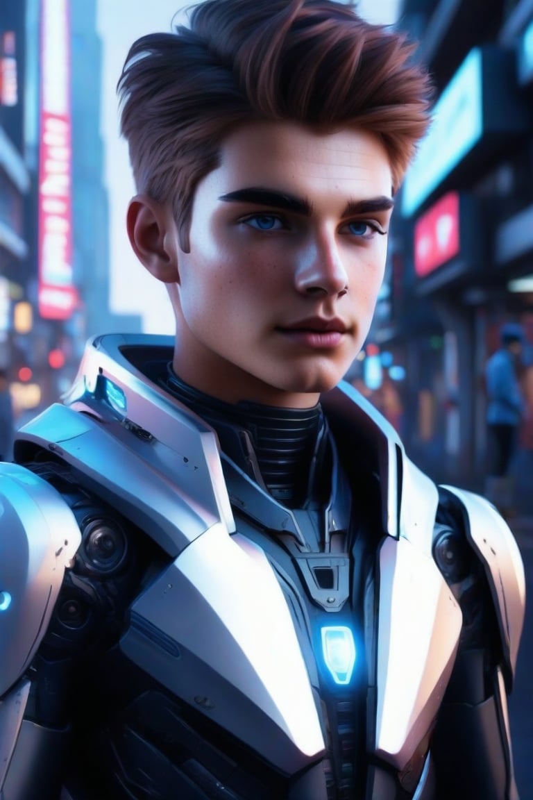 masterpiece, best quality, realistic, 1boy, solo, 20-year-old boy, short hair, blue eyes, mecha, black background, looking at viewer, depth of field, out-of-focus foreground and background, soft bokeh, correct body proportions, beautiful body proportions, FuturEvoLabBoy, FuturEvoLabCity, FuturEvoLabCyberpunk