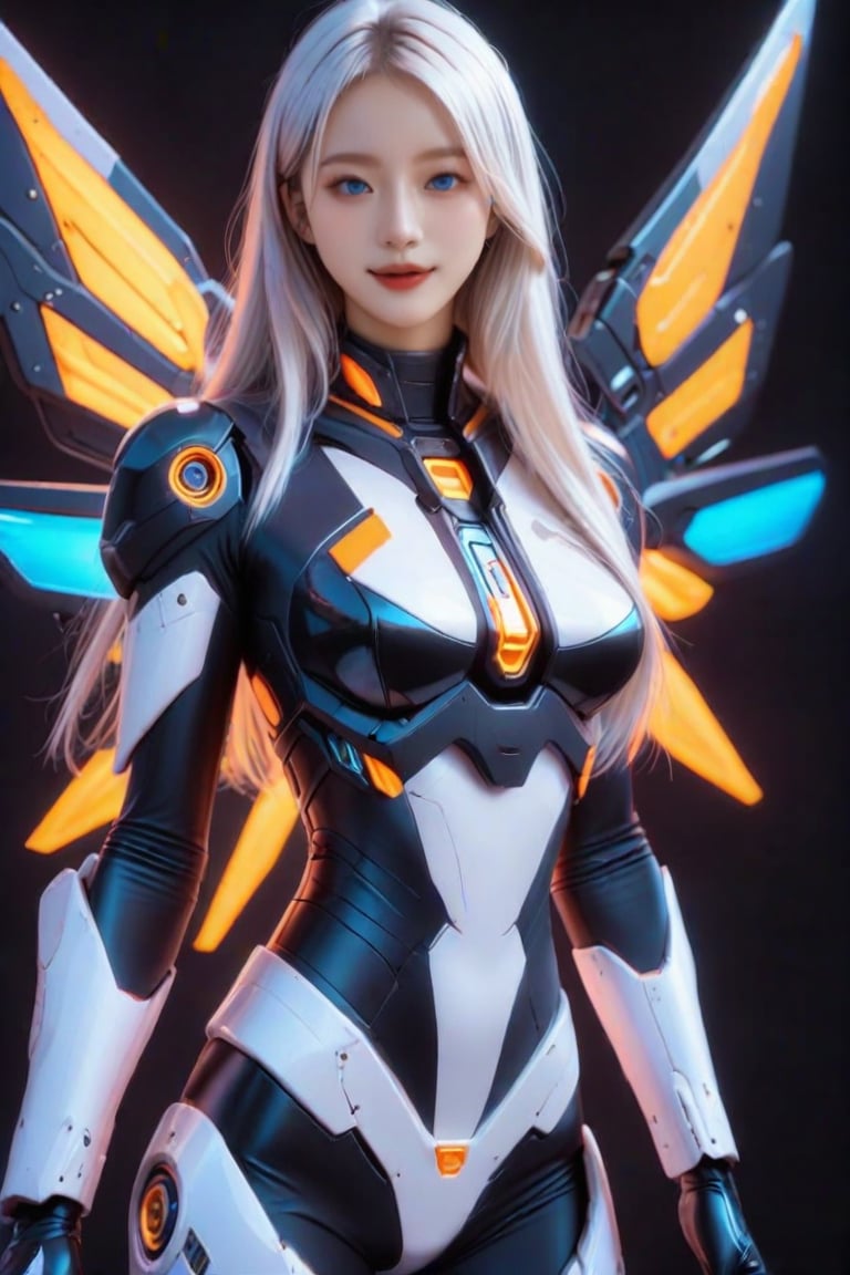 masterpiece, best quality, 1girl, solo, long hair, looking at viewer, smile, blue eyes, blonde hair, standing, white hair, cowboy shot, realistic, black background, FuturEvoLabMecha,FuturEvoLabCyberpunk,FuturEvoLabCity