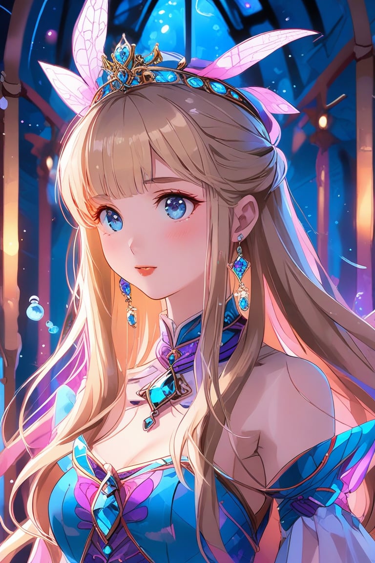 A stunning anime-style image of a solo, very beautiful girl with a himecut hairstyle, long blonde wavy hair, and bangs. She is dressed as a princess in a cute outfit, adorned with ornaments and jewelry, including earrings. Her blue eyes look directly at the viewer, with blush on her cheeks and parted lips. The image is of excellent quality, featuring light particles and water drops, with her eyelashes emphasized. The background is blurry, enhancing the masterpiece effect. 
(masterpiece, best quality:1.3), FuturEvoLabAnime, FuturEvoLabCyberpunk, 