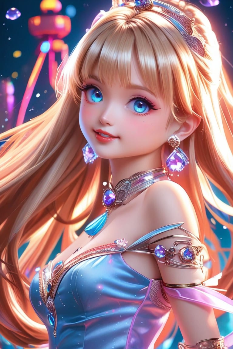 A stunning anime-style image of a solo, very beautiful girl with a himecut hairstyle, long blonde wavy hair, and bangs. She is dressed as a princess in a cute outfit, adorned with ornaments and jewelry, including earrings. Her blue eyes look directly at the viewer, with blush on her cheeks and parted lips. The image is of excellent quality, featuring light particles and water drops, with her eyelashes emphasized. The background is blurry, enhancing the masterpiece effect. 
(masterpiece, best quality:1.3), FuturEvoLabAnime, FuturEvoLabCyberpunk, 