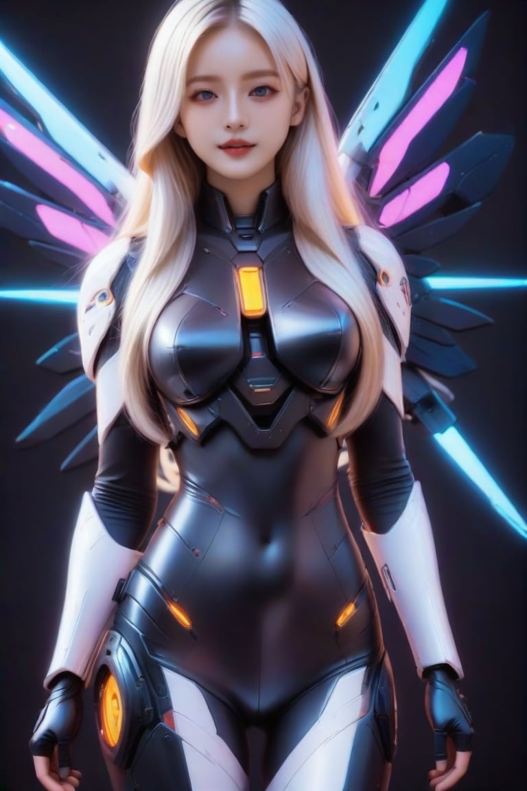 masterpiece, best quality, realistic, 1girl, solo, long hair, smile, blue eyes, blonde hair, standing, white hair, cowboy shot, black background,  looking at viewer, FuturEvoLabMecha, FuturEvoLabCyberpunk, 