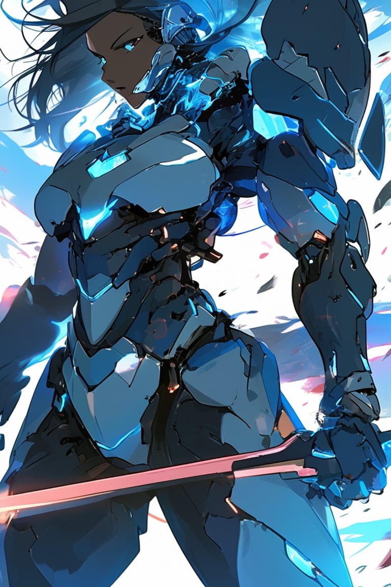 A female cyborg warrior with sleek metallic armor and energy blades, in a dynamic battle pose, anime style, high detail, futuristic battlefield