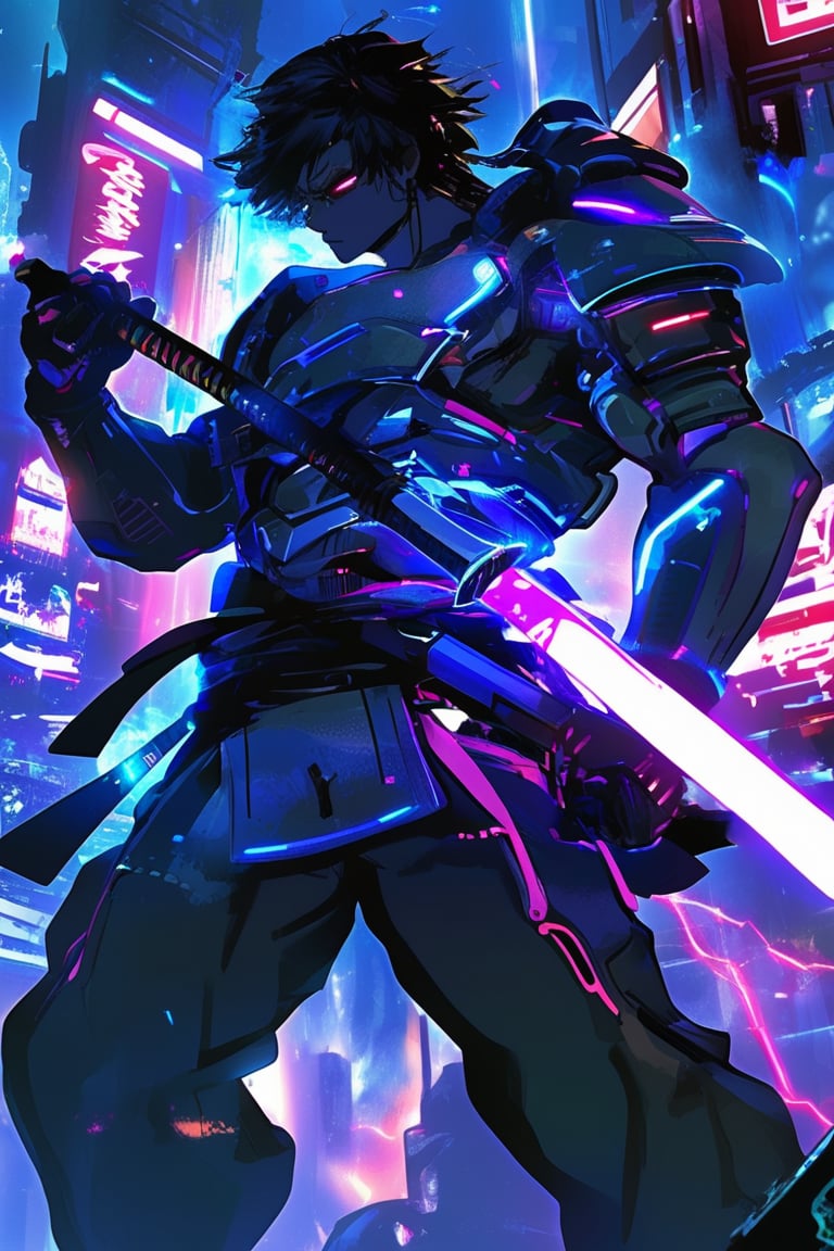 A male samurai in futuristic armor with neon accents, wielding an energy katana, in a dramatic battle pose, anime style, highly detailed, futuristic dojo setting