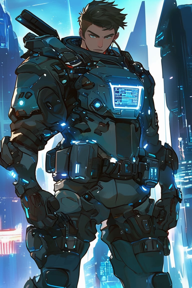 A young male bounty hunter in a tactical suit with holographic displays, armed with high-tech weapons, anime style, detailed character design, sci-fi cityscape background