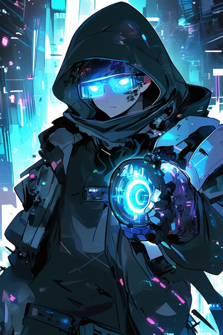 A futuristic hacker with a cybernetic eye and holographic interface, surrounded by digital streams of data, anime style, detailed character design, cyberpunk aesthetics