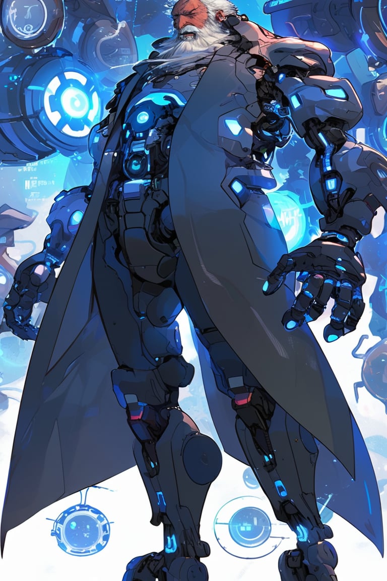 An elderly scientist with robotic limbs and cybernetic enhancements, wearing a lab coat filled with futuristic gadgets, anime style, intricate design, detailed background