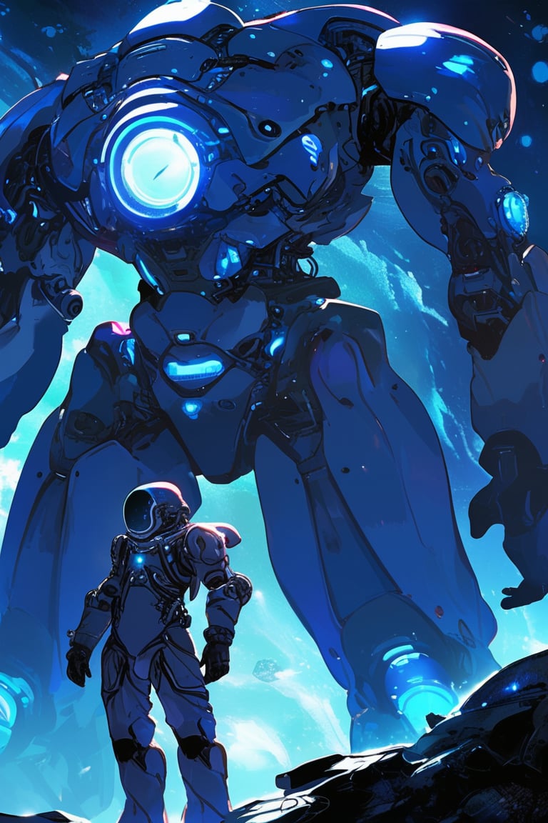 An alien astronaut in a bio-mechanical suit with organic shapes and glowing elements, anime style, highly detailed, on an alien planet