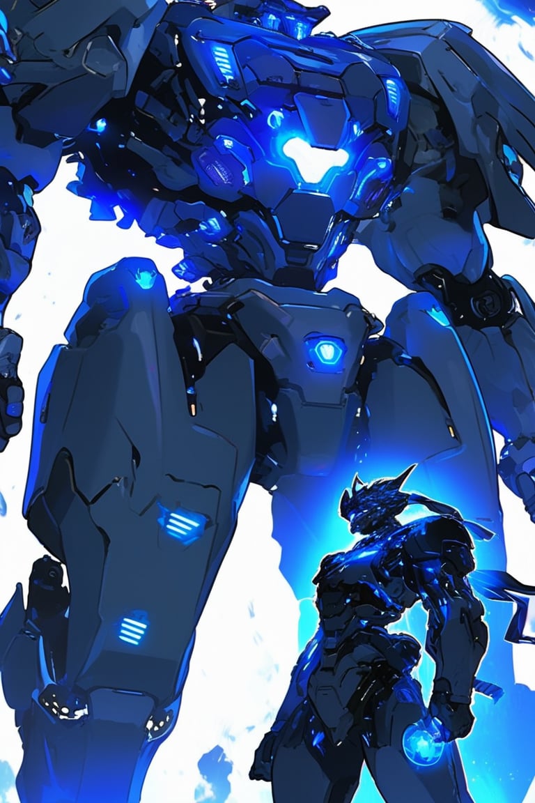 A futuristic mech pilot in a heavily armored suit with glowing blue lights, standing next to a giant robot, anime style, highly detailed, action-packed scene