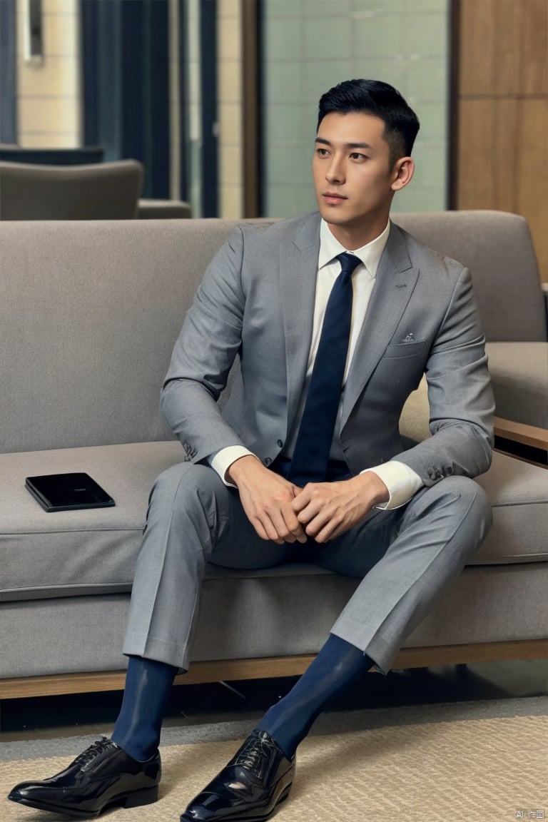 jzns,jmsw,1man,solo,realistic,asian,glossy socks, male focus, necktie, sitting, black footwear, white shirt, blurry, collared shirt, black necktie, couch, indoors,navy glossy socks,grey suit,grey pants,(masterpiece, realistic, best quality, highly detailed,profession), jzns,jmsw,