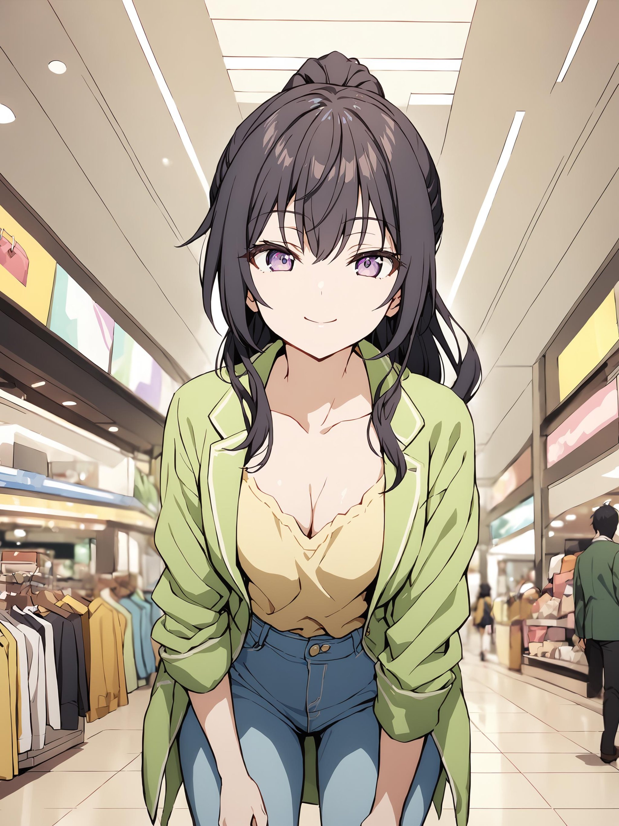 suouyuki_imoto, purple eyes, black hair, long hair, ponytail,1girl, solo, looking at viewer, indoors, shopping mall, shops, blurry background, standing, light smile, two finger salute,date outfit, collarbone, green jacket, open clothes, yellow shirt, blue jeans,best quality, masterpiece,<lora:hinaAlyaMashaYuki_sdxl_wifu_v1:1>