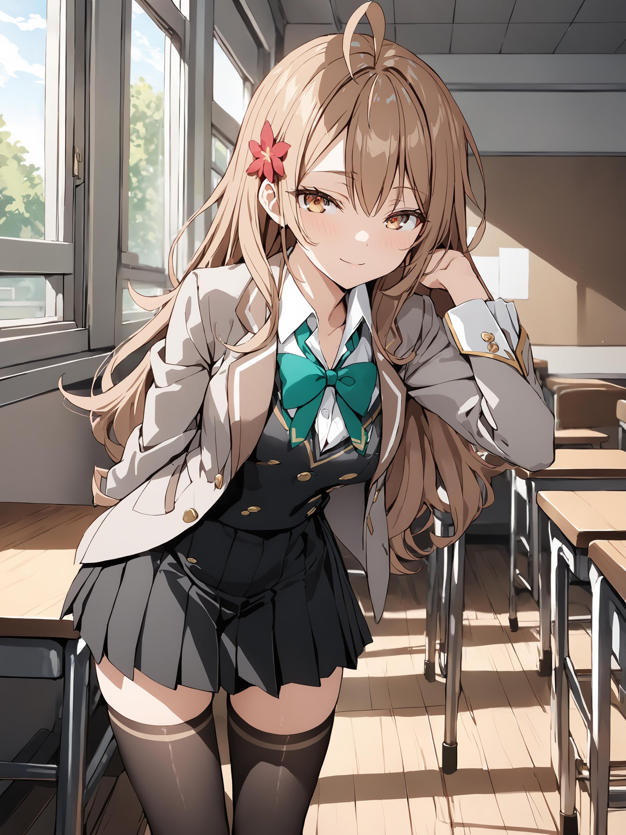 masha_ane, brown eyes, brown hair, hair flower, long hair, ahoge,1girl, solo, full body, looking at viewer, cowboy shot, indoors, classroom, windows, blue sky, inviting, light smile,leaning forward, arms at back, hand to mouth, school uniform, grey jacket, open jacket, long sleeves,green bow, white shirt, collared shirt, black vest, button, black dress, black thighhighs,best quality, masterpiece,<lora:hinaAlyaMashaYuki_sdxl_wifu_v1:1>