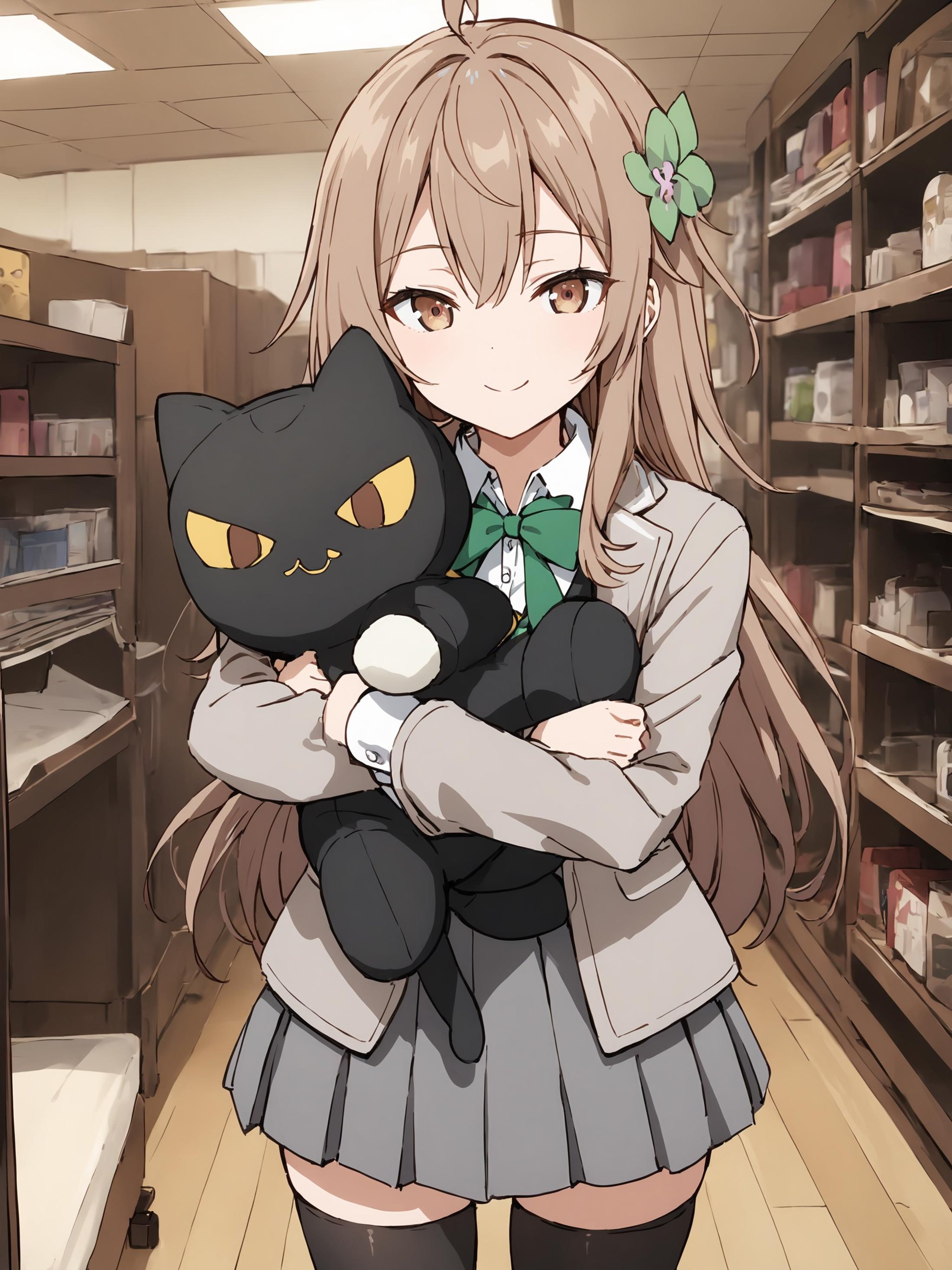 masha_ane, brown eyes, brown hair, hair flower, long hair, ahoge,cowboy shot, standing, school uniform, grey jacket, open jacket, long sleeves,green bow, white shirt, collared shirt, black vest, button, black dress, black thighhighs,hugging object, holding stuffed toy, jingle bell, stuffed cat toy,looking at viewer, indoors, smile face,best quality, masterpiece,<lora:hinaAlyaMashaYuki_sdxl_wifu_v1:0.7>