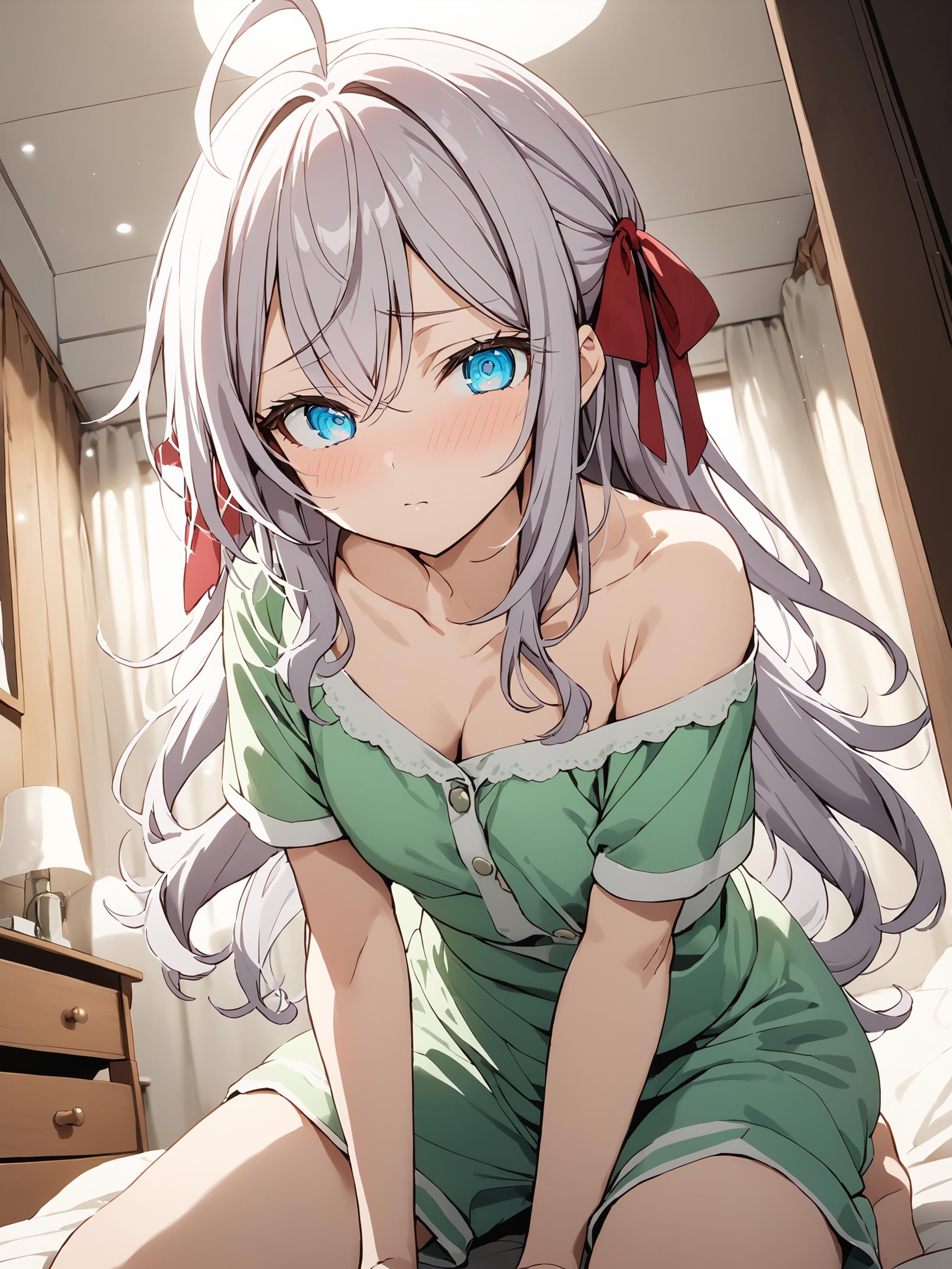 alya_imoto, blue eyes, white hair, long hair, hair ribbon, red ribbon, ahoge,looking at viewer, short sleeves, bare shoulders, green pajamas,kneeling, shy face, low angle, detailed eyes,bedroom, cozy room,professional photo, high key light, hard shadow, soft bokeh,best quality, masterpiece,<lora:hinaAlyaMashaYuki_sdxl_wifu_v1:1>