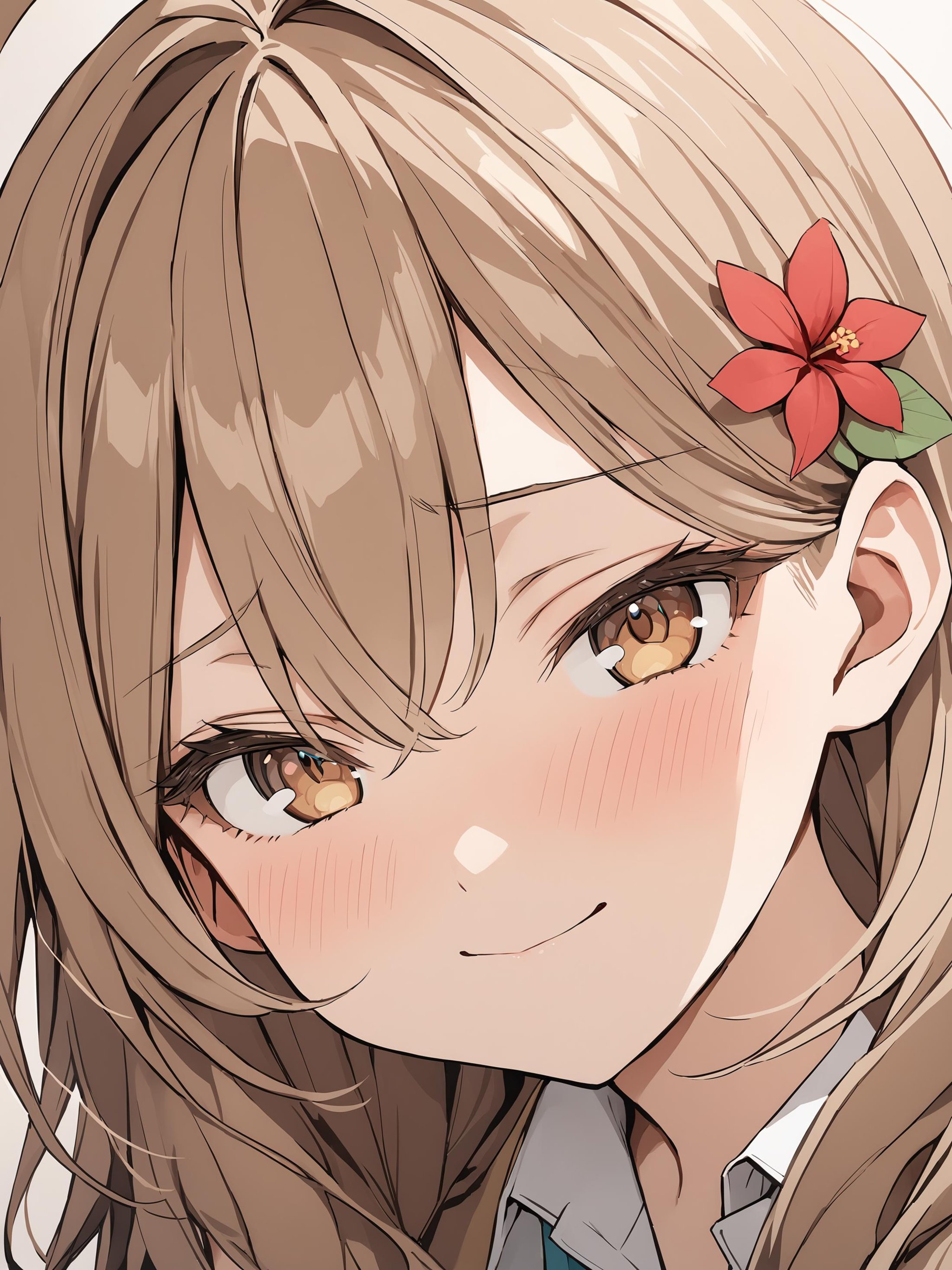 masha_ane, brown hair, hair flower, long hair, ahoge, brown eyes, portrait, close up, shy smile face, love, face to viewer,best quality, masterpiece,<lora:hinaAlyaMashaYuki_sdxl_wifu_v1:0.7>