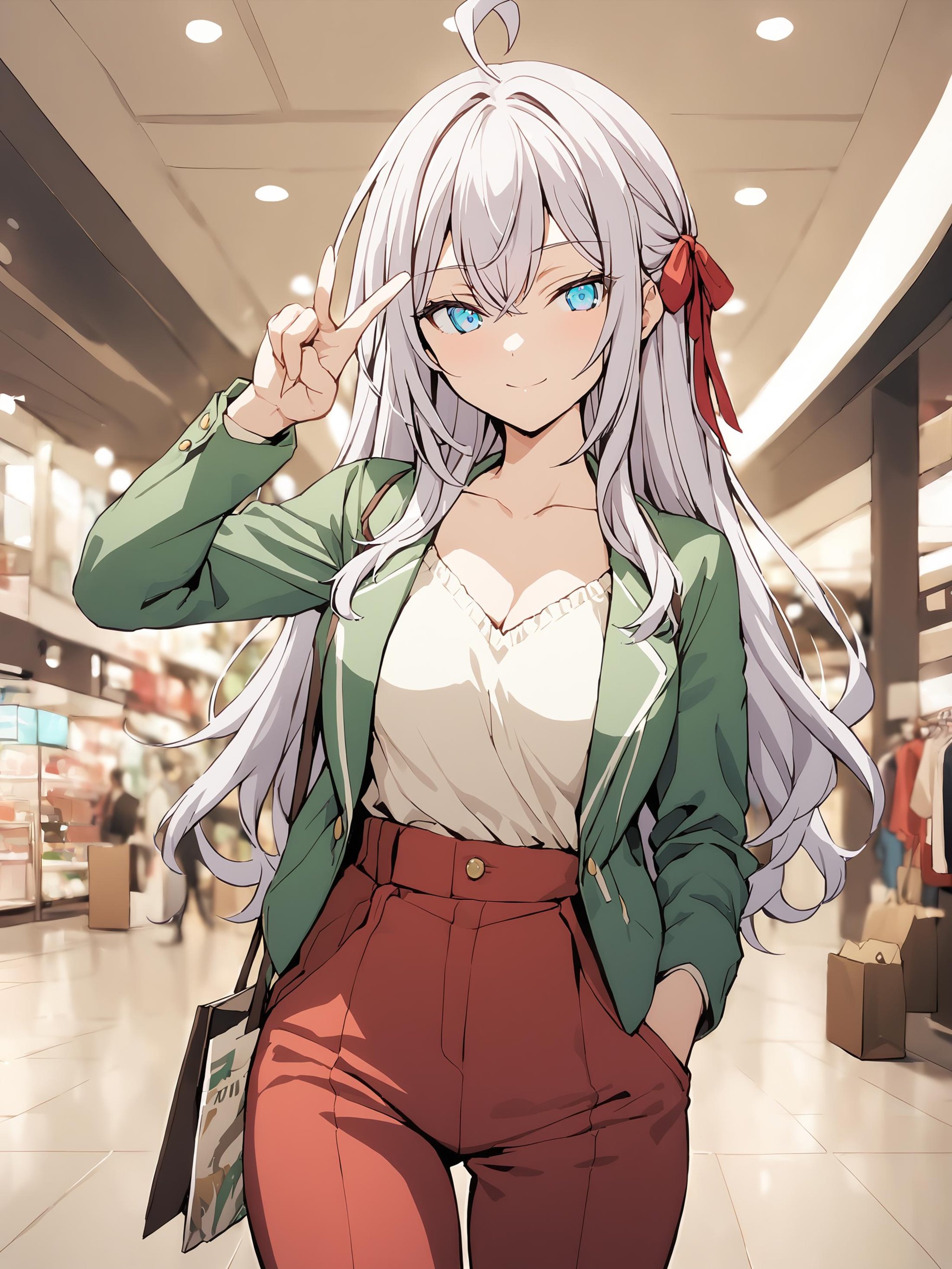 alya_imoto, blue eyes, white hair, long hair, hair ribbon, red ribbon, ahoge,1girl, solo, looking at viewer, indoors, shopping mall, shops, blurry background, standing, light smile, two finger salute,date outfit, collarbone, green jacket, open clothes, yellow shirt, blue jeans,best quality, masterpiece,<lora:hinaAlyaMashaYuki_sdxl_wifu_v1:1>