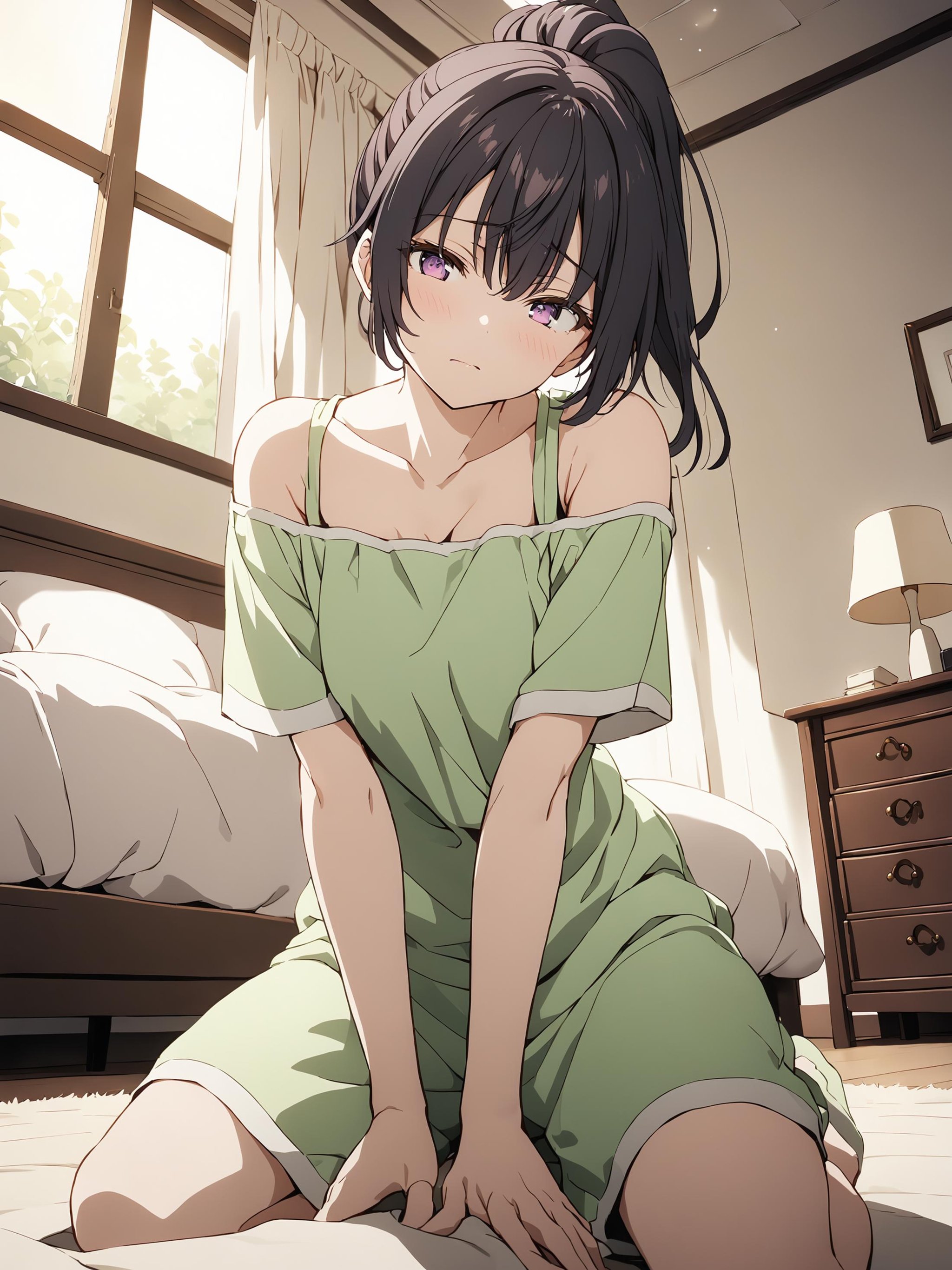 suouyuki_imoto, purple eyes, black hair, long hair, ponytail,looking at viewer, short sleeves, bare shoulders, green pajamas,kneeling, shy face, low angle, detailed eyes,bedroom, cozy room,professional photo, high key light, hard shadow, soft bokeh,best quality, masterpiece,<lora:hinaAlyaMashaYuki_sdxl_wifu_v1:1>