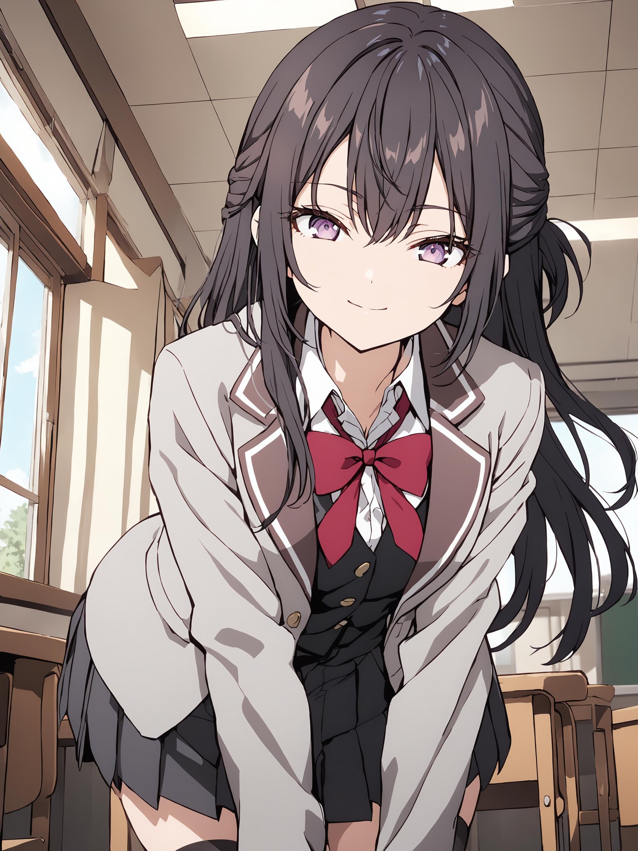 suouyuki_imoto, purple eyes, black hair, long hair, half updo,1girl, solo, full body, looking at viewer, cowboy shot, indoors, classroom, windows, blue sky, inviting, light smile,leaning forward, arms at back, hand to mouth, school uniform, grey jacket, open jacket, long sleeves,red bow, white shirt, collared shirt, black vest, button, black dress, black thighhighs,best quality, masterpiece,<lora:hinaAlyaMashaYuki_sdxl_wifu_v1:1>