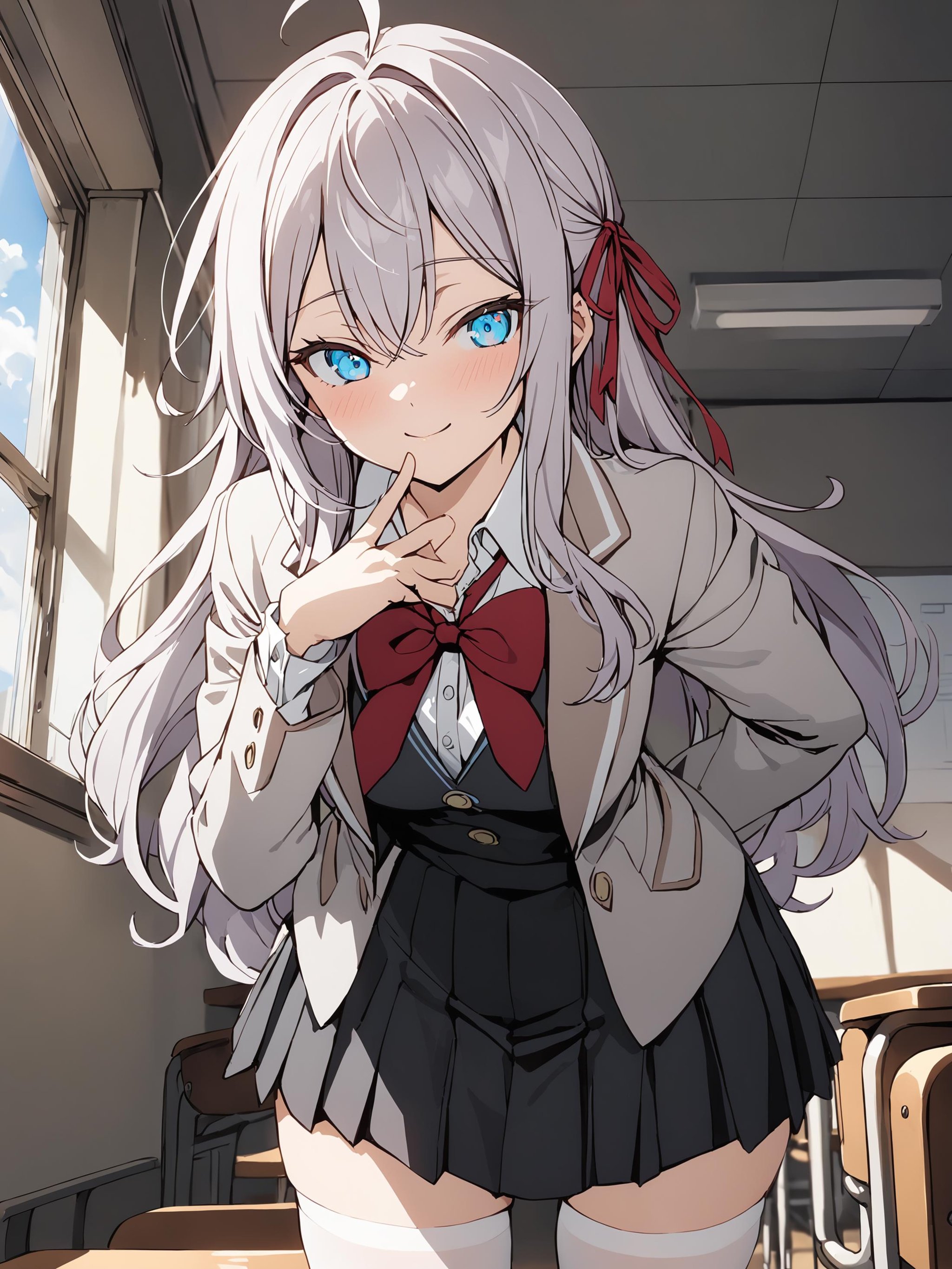 alya_imoto, blue eyes, white hair, long hair, hair ribbon, red ribbon, ahoge,1girl, solo, full body, looking at viewer, cowboy shot, indoors, classroom, windows, blue sky, inviting, light smile,leaning forward, arms at back, hand to mouth, school uniform, grey jacket, open jacket, long sleeves,red bow, white shirt, collared shirt, black vest, button, black dress, white thighhighs,best quality, masterpiece,<lora:hinaAlyaMashaYuki_sdxl_wifu_v1:1>