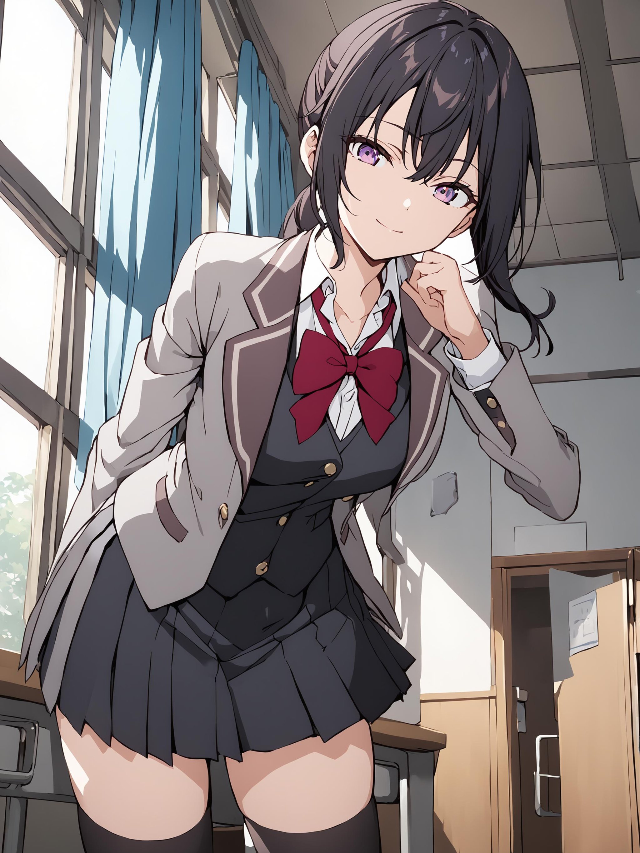 suouyuki_imoto, purple eyes, black hair, long hair, ponytail,1girl, solo, full body, looking at viewer, cowboy shot, indoors, classroom, windows, blue sky, inviting, light smile,leaning forward, arms at back, hand to mouth, school uniform, grey jacket, open jacket, long sleeves,red bow, white shirt, collared shirt, black vest, button, black dress, black thighhighs,best quality, masterpiece,<lora:hinaAlyaMashaYuki_sdxl_wifu_v1:1>