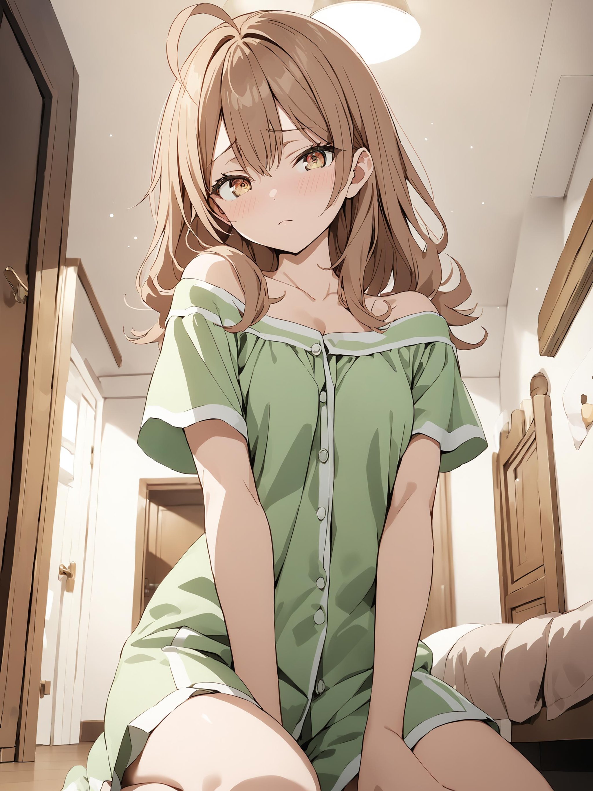 masha_ane, brown eyes, brown hair, hair flower, long hair, ahoge,looking at viewer, short sleeves, bare shoulders, green pajamas,kneeling, shy face, low angle, detailed eyes,bedroom, cozy room,professional photo, high key light, hard shadow, soft bokeh,best quality, masterpiece,<lora:hinaAlyaMashaYuki_sdxl_wifu_v1:1>