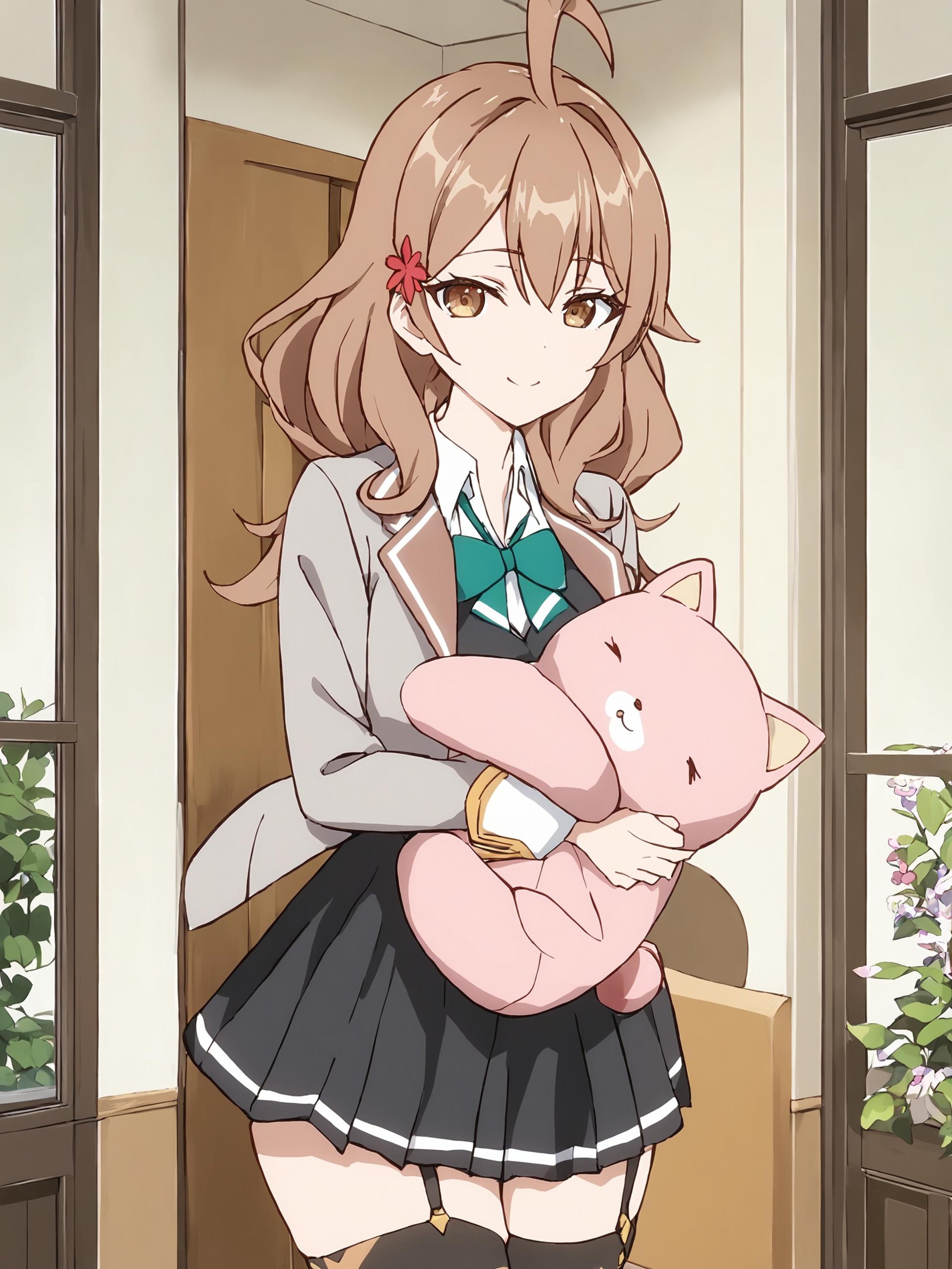 masha_ane, brown eyes, brown hair, hair flower, long hair, ahoge,cowboy shot, standing, school uniform, grey jacket, open jacket, long sleeves,green bow, white shirt, collared shirt, black vest, button, black dress, black thighhighs,hugging object, holding stuffed toy, jingle bell, stuffed cat toy,looking at viewer, indoors, smile face,best quality, masterpiece,<lora:hinaAlyaMashaYuki_sdxl_wifu_v1:0.8>