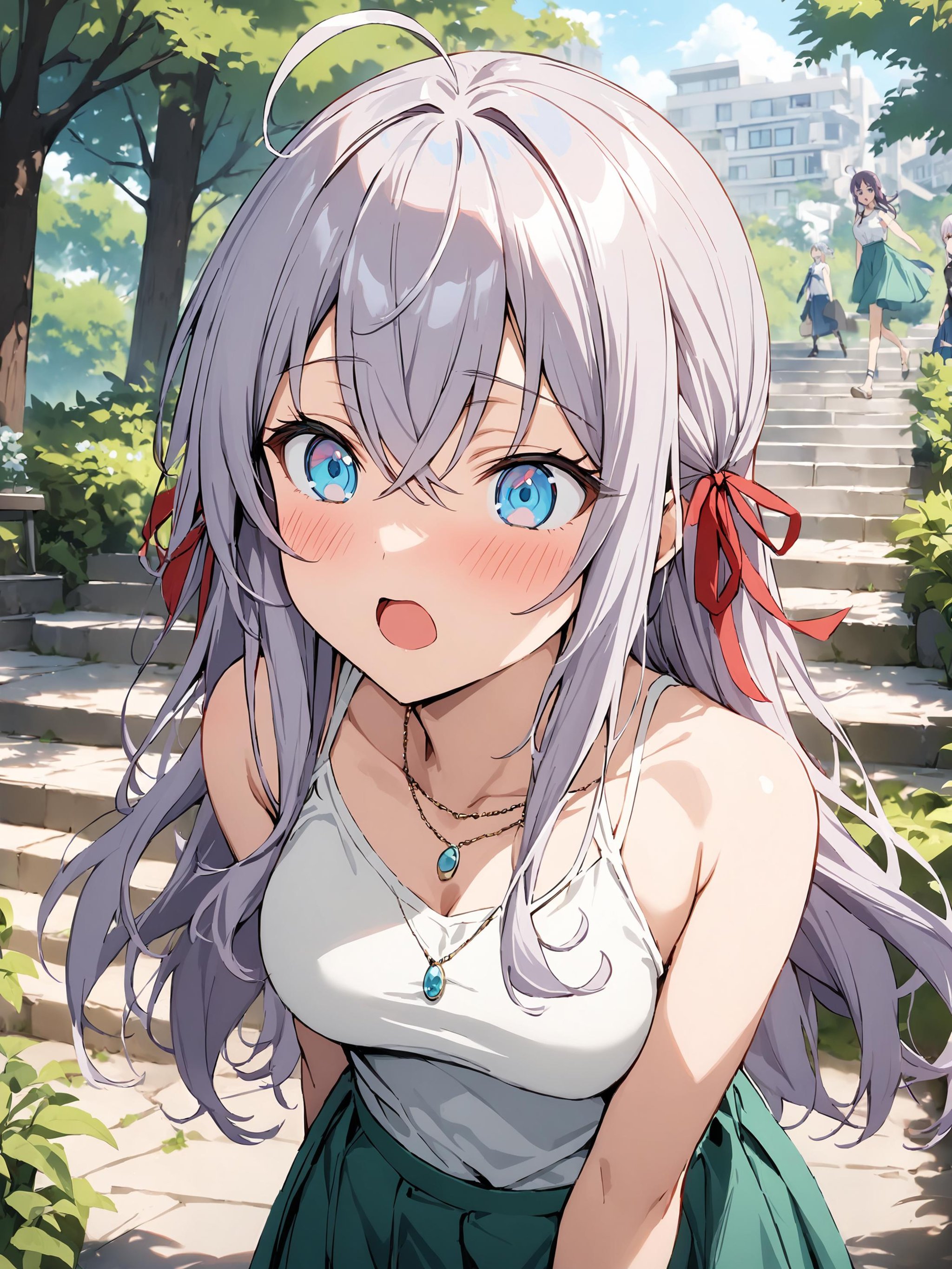 alya_imoto, blue eyes, white hair, long hair, hair ribbon, red ribbon, ahoge,sleeveless shirt, green skirt, outdoors, grey hair, necklace, white shirt, solo focus, stairs, hair between eyes, bare shoulders, tree, blue skirt, open mouth, medium breasts, day, blush, crossed bangs,best quality, masterpiece,<lora:hinaAlyaMashaYuki_sdxl_wifu_v1:0.6>