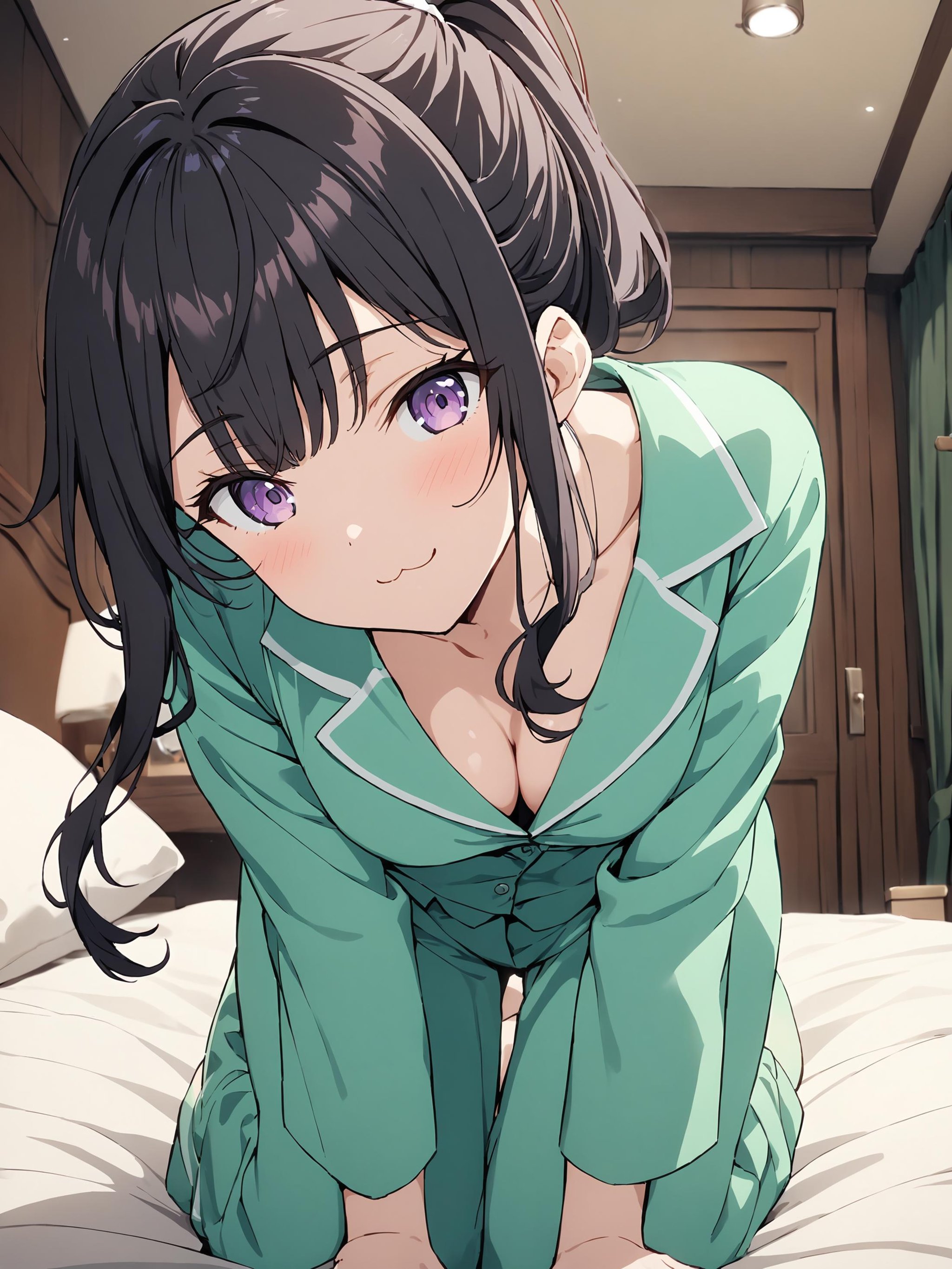 suouyuki_imoto, purple eyes, black hair, long hair, ponytail,kneeling, tiffany green pajamas, solo, looking at viewer, cozy bed, indoors, :3, smile, collarbone, closed mouth, cleavage, long sleeves, pov,best quality, masterpiece,<lora:hinaAlyaMashaYuki_sdxl_wifu_v1:0.6>