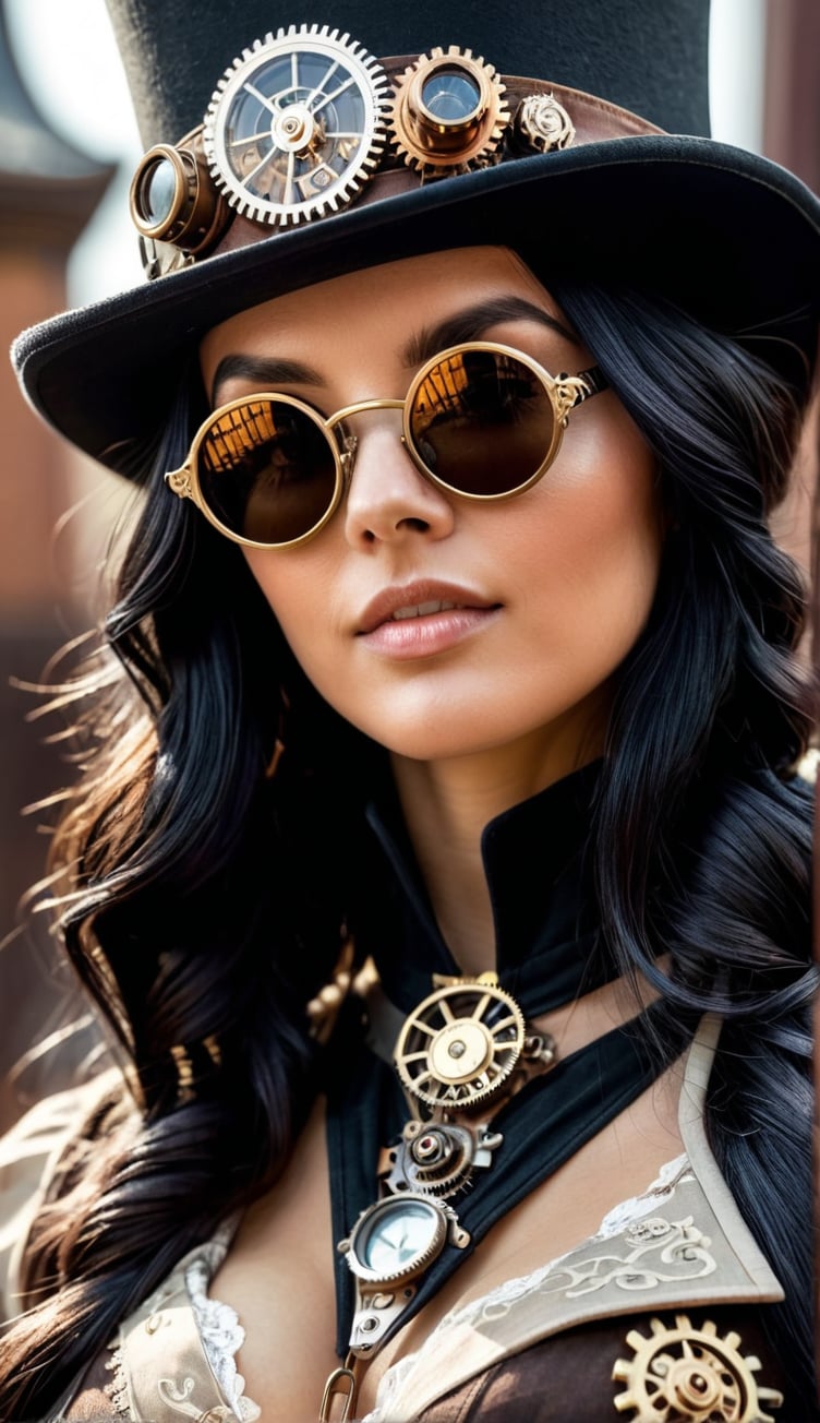 close up, beautiful woman in the hat and round steel gear, long black hair, round black sunglasses, steampunk clothing, victorian era, ((steampunk)), cinematography, crafted, elegant, meticulous, magnificent, maximum details, extremely hyper aesthetic, intricately detailed, cinematic lighting.