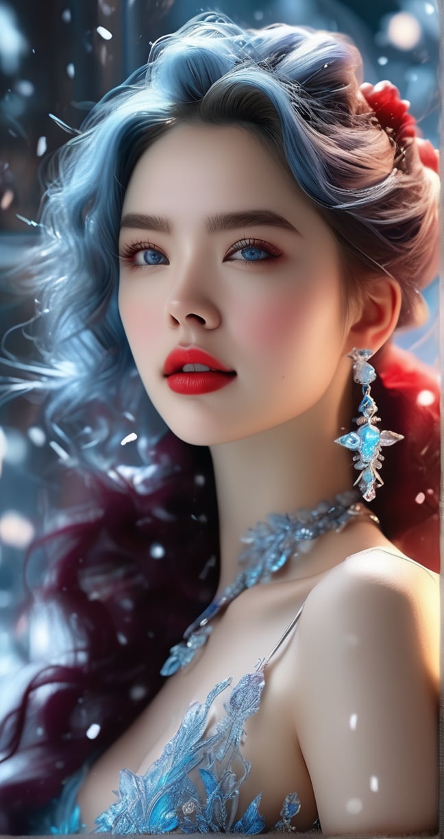 Anime Style,Cartoon Style,a Cartoon woman,very pretty,3d Design,have a good figure,detailed blue eyes,red lips,[Dress|halter dress ],Ponytail,[k-pop:0.444],emitting an orgasmic sensation,wind,Ice and Snow World,8k,intricate details,My Bloody Valentine: A Nightmare on Elm Street,SOMA,Cadet blue_Cerulean and Purple theme