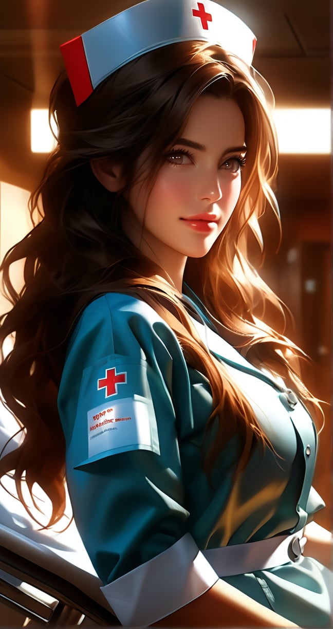 realistic anime style nurse, beautiful woman with long brown hair, caring for a sick patient, extremely detailed face and eyes, detailed clothing, hospital setting, warm lighting, vibrant colors, cinematic composition, masterpiece, 8k, photo-realistic, hyper detailed