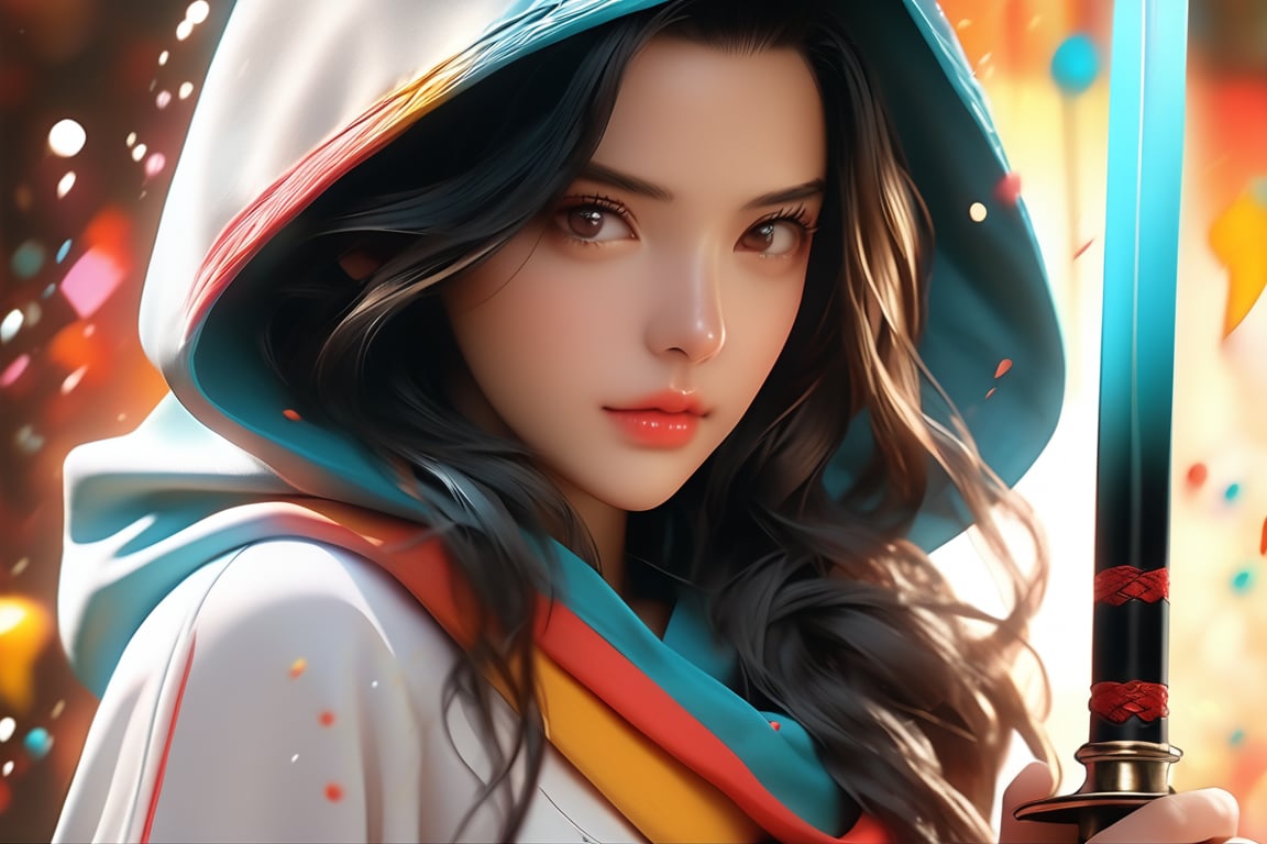  score_9, score_8_up, score_7_up, anime, 3D anime, realistic, 3D realistic, ultra realistic, fantasy, ultra detailed, ultra quality, ultra resolution, cinematic lighting, intense girl using hood, pop atr, colorful, vintage style, paint splash colorful background, holding an oriental sword