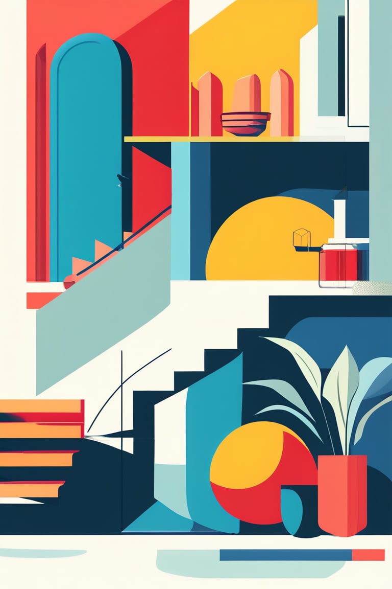 A flat design illustration of [describe your scene], with minimalist shapes and vibrant colors. The style is clean and modern, with simple geometric forms, limited shading, and a balanced composition. The colors are bold and contrasting, giving a fresh and dynamic look, similar to retro-futuristic illustrations.