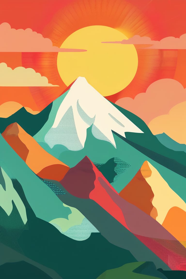 A flat design illustration of a mountainous landscape with the sun and clouds. The scene features geometric mountains in various vibrant colors like red, orange, yellow, and green. The sun is large and radiant, adding warmth to the composition. Clouds are scattered around, adding depth and texture. The style is clean, modern, and minimalist, using simple shapes and bold colors.