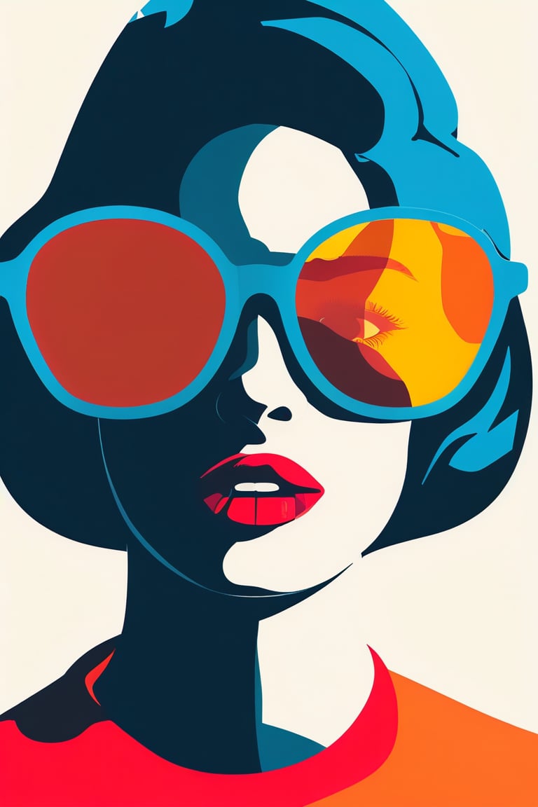 A flat design illustration of a woman wearing sunglasses, with vibrant and contrasting colors. The style is clean and modern, featuring simple geometric forms, limited shading, and a balanced composition. The colors are bold and dynamic, giving a fresh and retro-futuristic look.