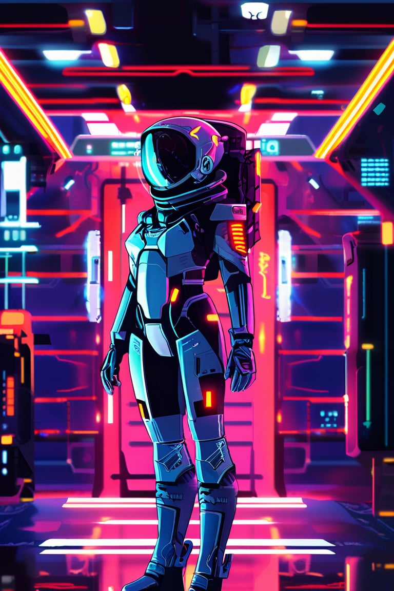 A young female pilot in a sleek, futuristic spacesuit with neon accents, standing in a high-tech hangar, anime style, highly detailed, dynamic 